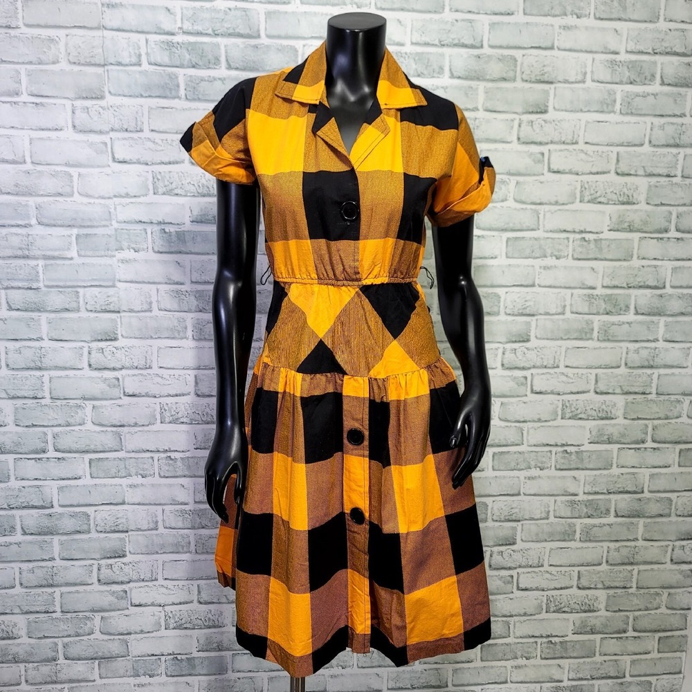 Vintage 70s 80s Joni Blair Dress Womens XS/S Orange Black Buffalo Plaid Cotton